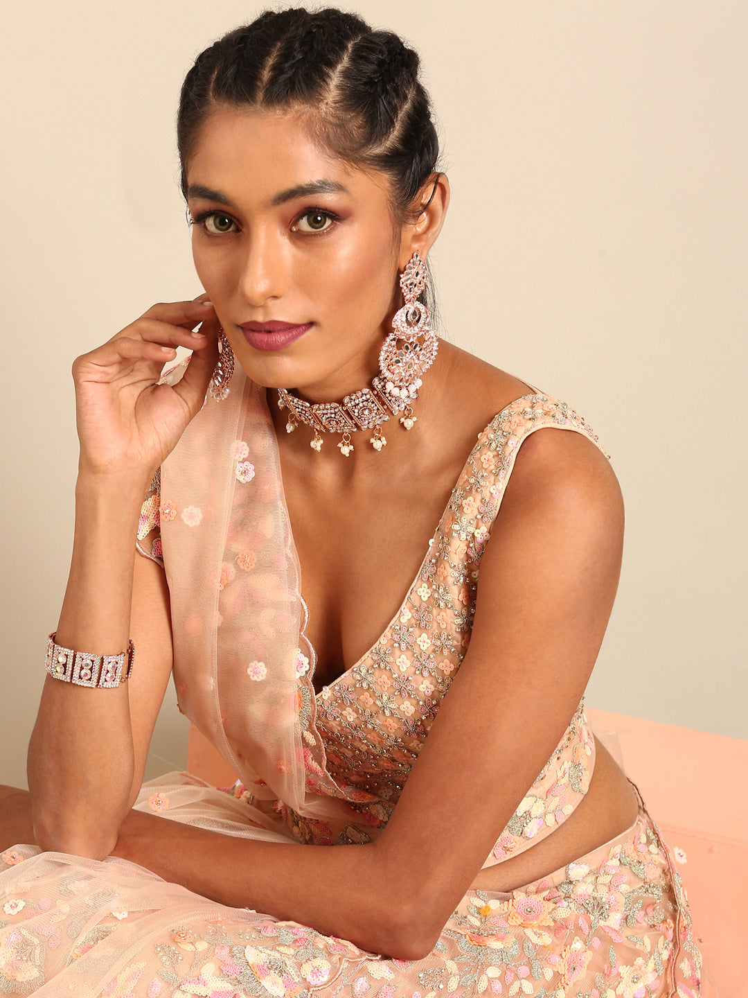 Peach Net Multi Sequins with heavy Zarkan embroidery Semi-Stitched Lehenga choli & Dupatta