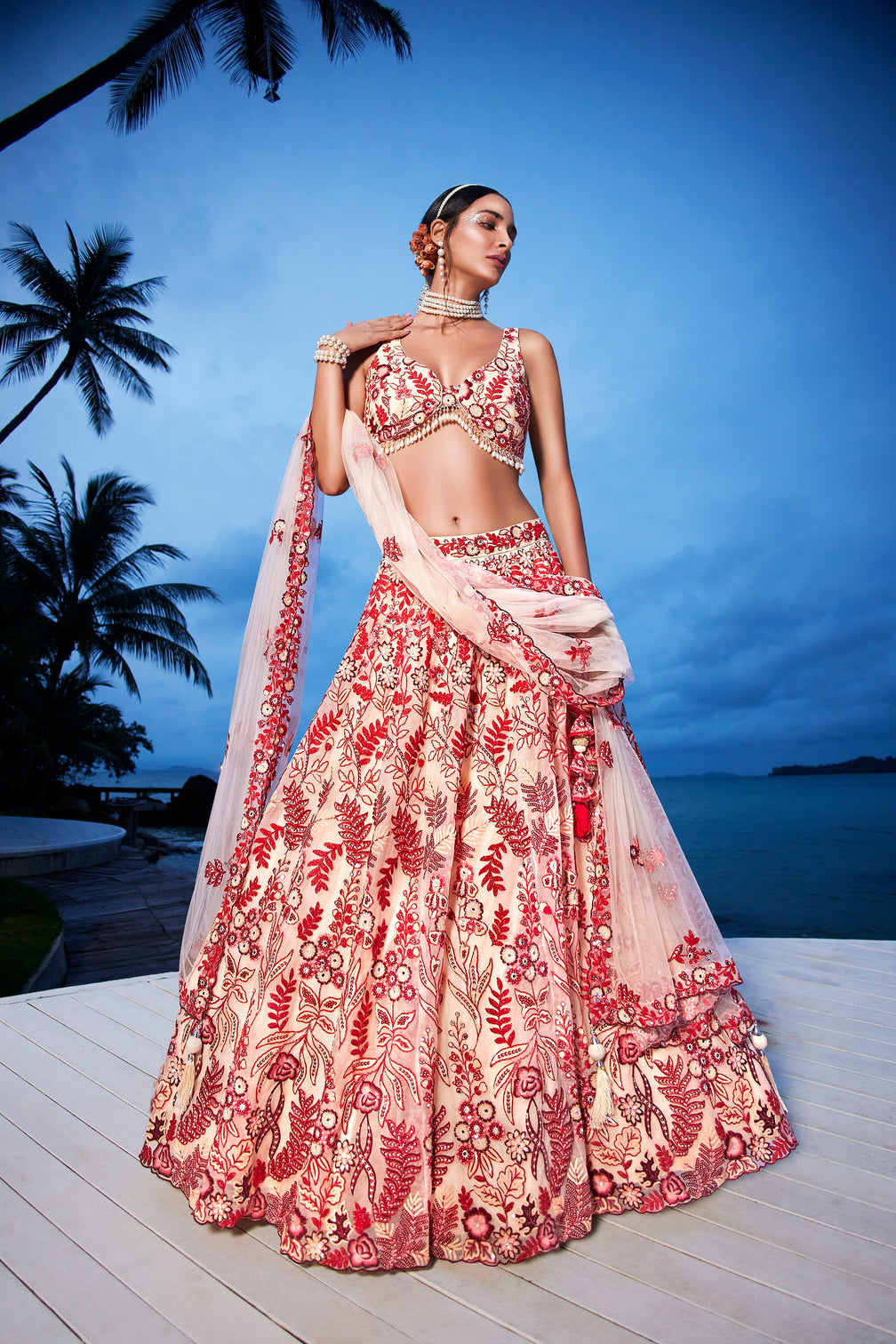 Peach Net Sequins, Mirror and thread embroidery Semi-Stitched Lehenga choli & Dupatta