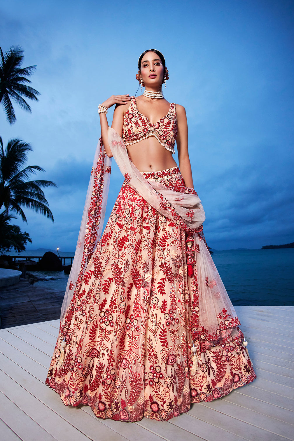 Peach Net Sequins, Mirror and thread embroidery Semi-Stitched Lehenga choli & Dupatta