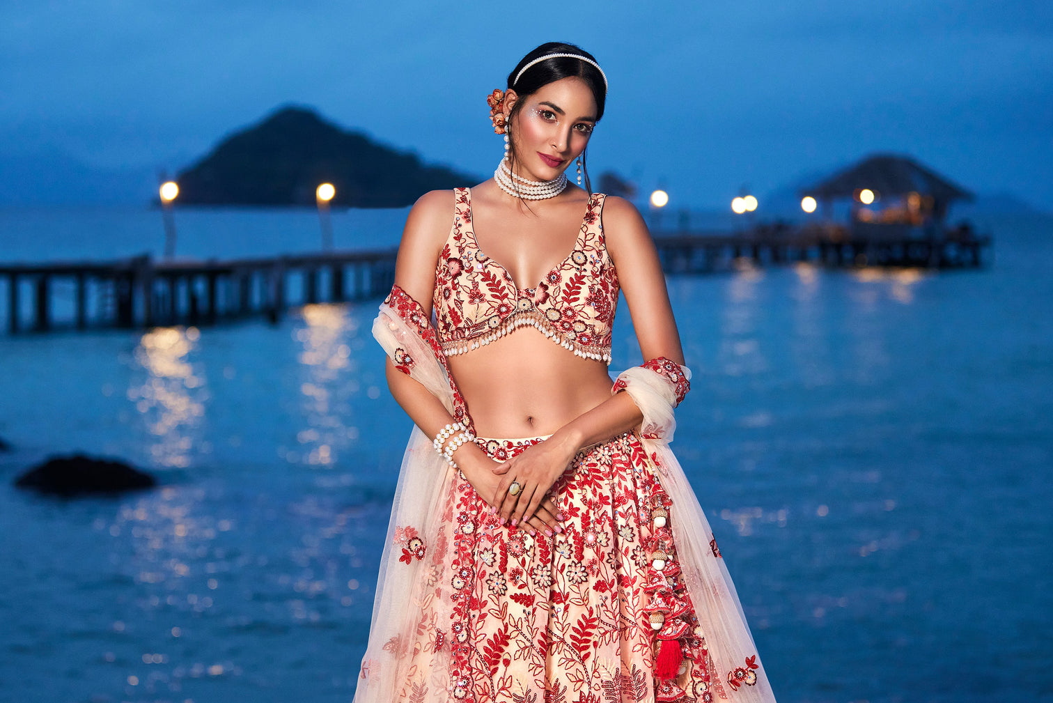 Peach Net Sequins, Mirror and thread embroidery Semi-Stitched Lehenga choli & Dupatta