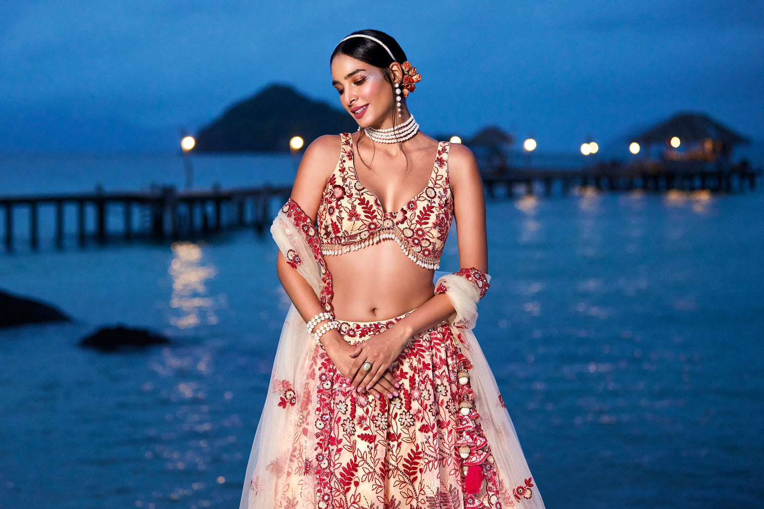 Peach Net Sequins, Mirror and thread embroidery Semi-Stitched Lehenga choli & Dupatta