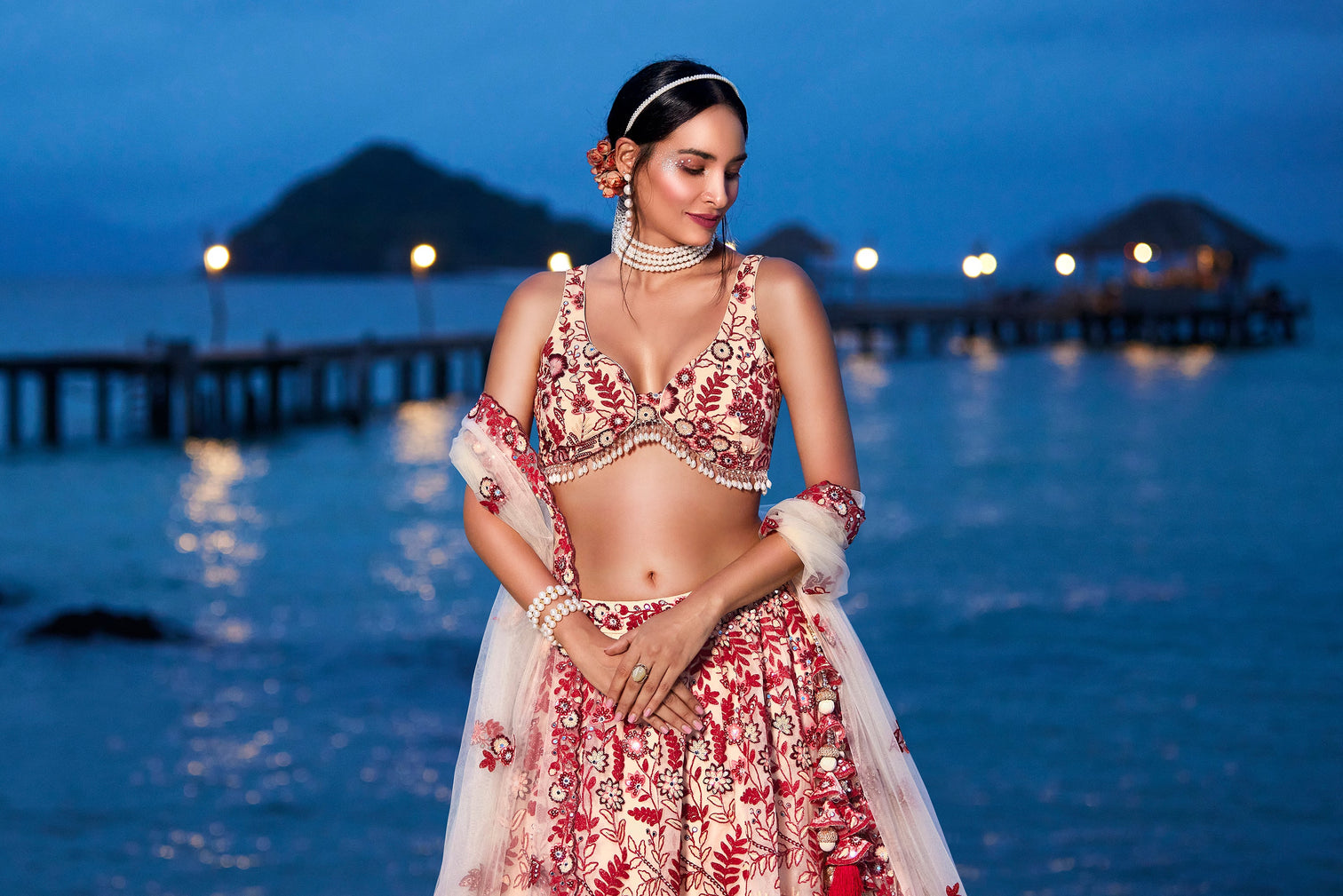 Peach Net Sequins, Mirror and thread embroidery Semi-Stitched Lehenga choli & Dupatta