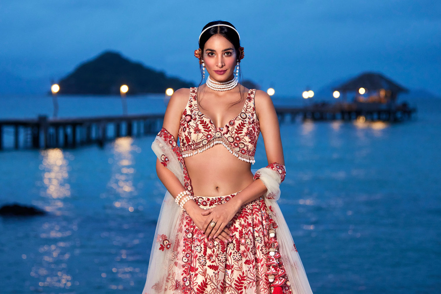 Peach Net Sequins, Mirror and thread embroidery Semi-Stitched Lehenga choli & Dupatta
