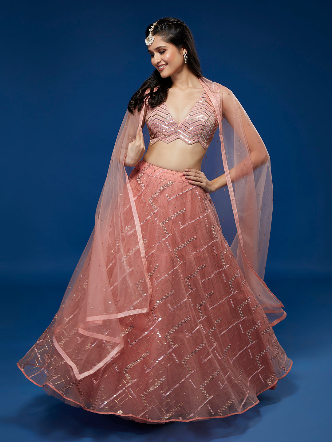 Peach Net Sequinse Embroidered Semi-Stitched Lehenga & Blouse with Dupatta