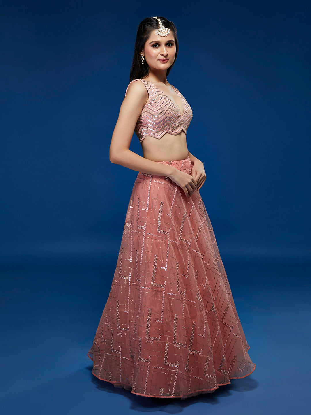 Peach Net Sequinse Embroidered Semi-Stitched Lehenga & Blouse with Dupatta