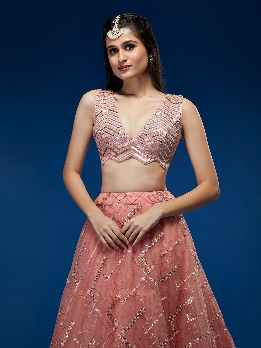 Peach Net Sequinse Embroidered Semi-Stitched Lehenga & Blouse with Dupatta