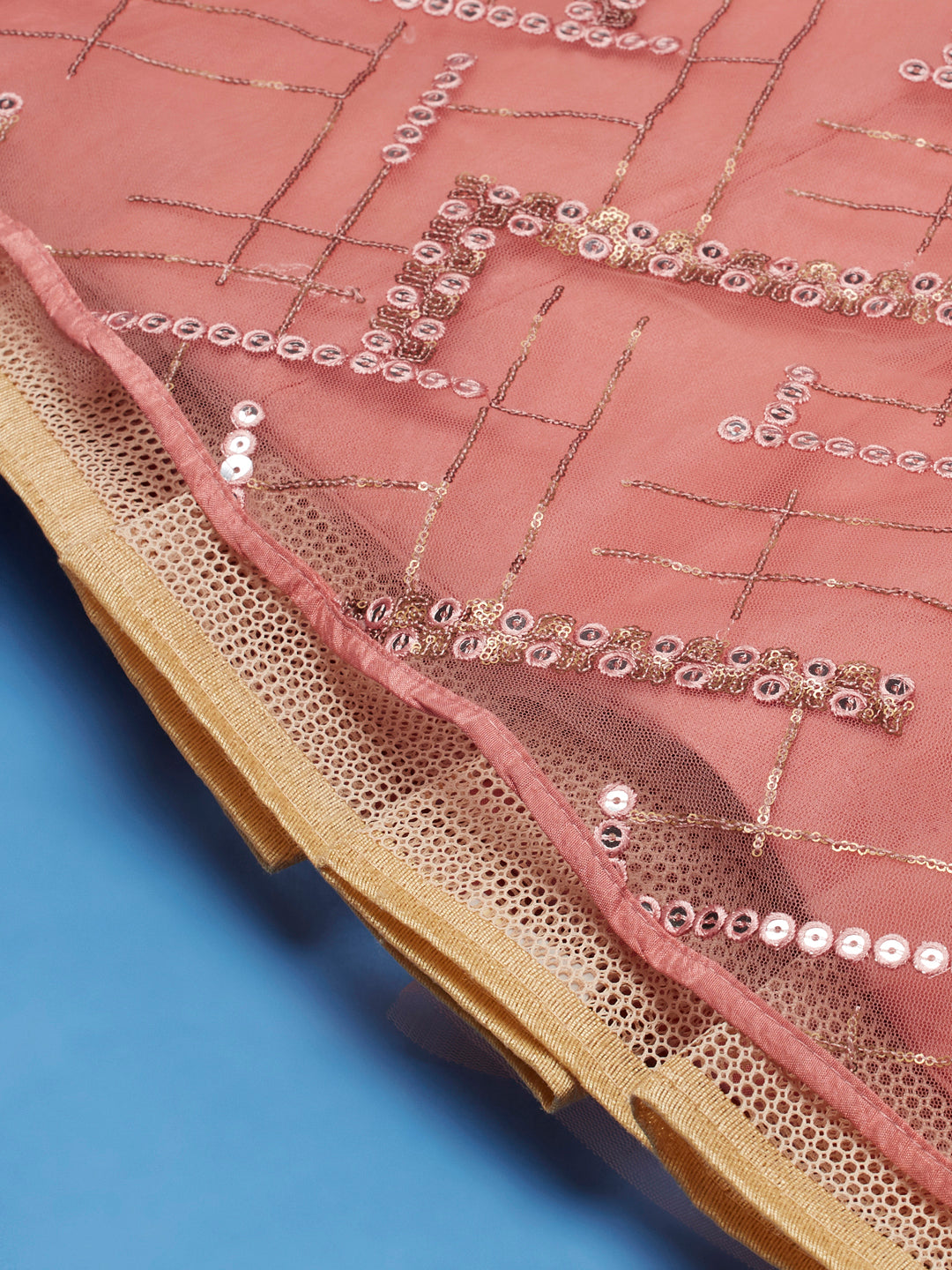 Peach Net Sequinse Embroidered Semi-Stitched Lehenga & Blouse with Dupatta