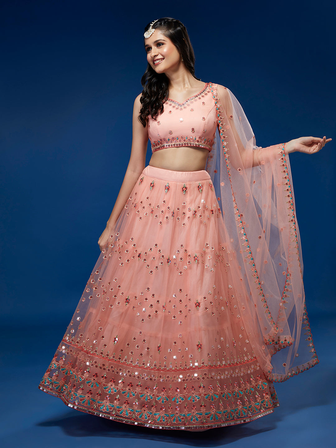 Peach Net Sequinse Work Semi-Stitched Lehenga & Unstitched Blouse, Dupatta