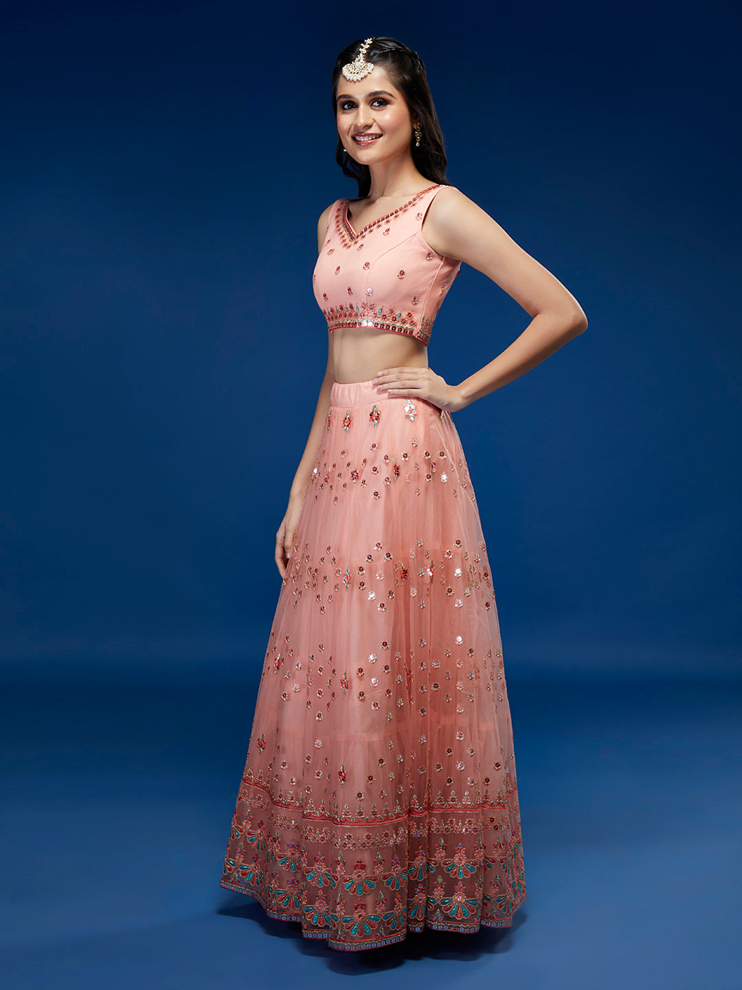 Peach Net Sequinse Work Semi-Stitched Lehenga & Unstitched Blouse, Dupatta