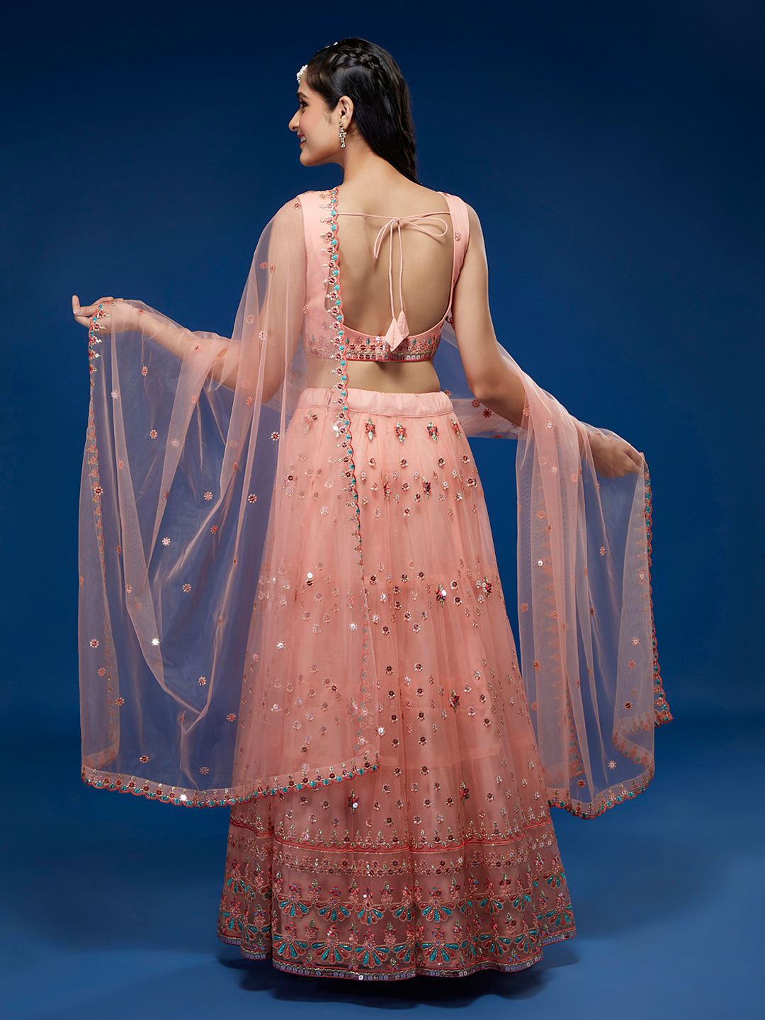 Peach Net Sequinse Work Semi-Stitched Lehenga & Unstitched Blouse, Dupatta