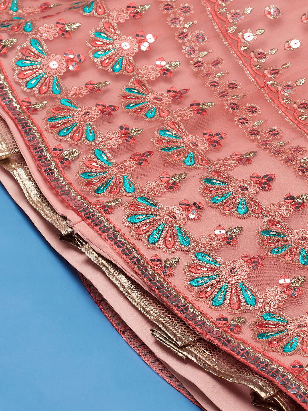 Peach Net Sequinse Work Semi-Stitched Lehenga & Unstitched Blouse, Dupatta
