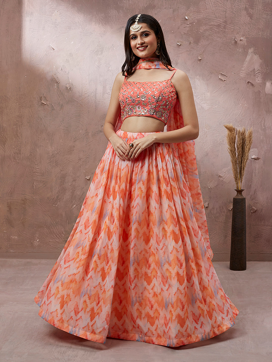 Peach Organza Floral Printed Semi-Stitched Lehenga choli & Dupatta
