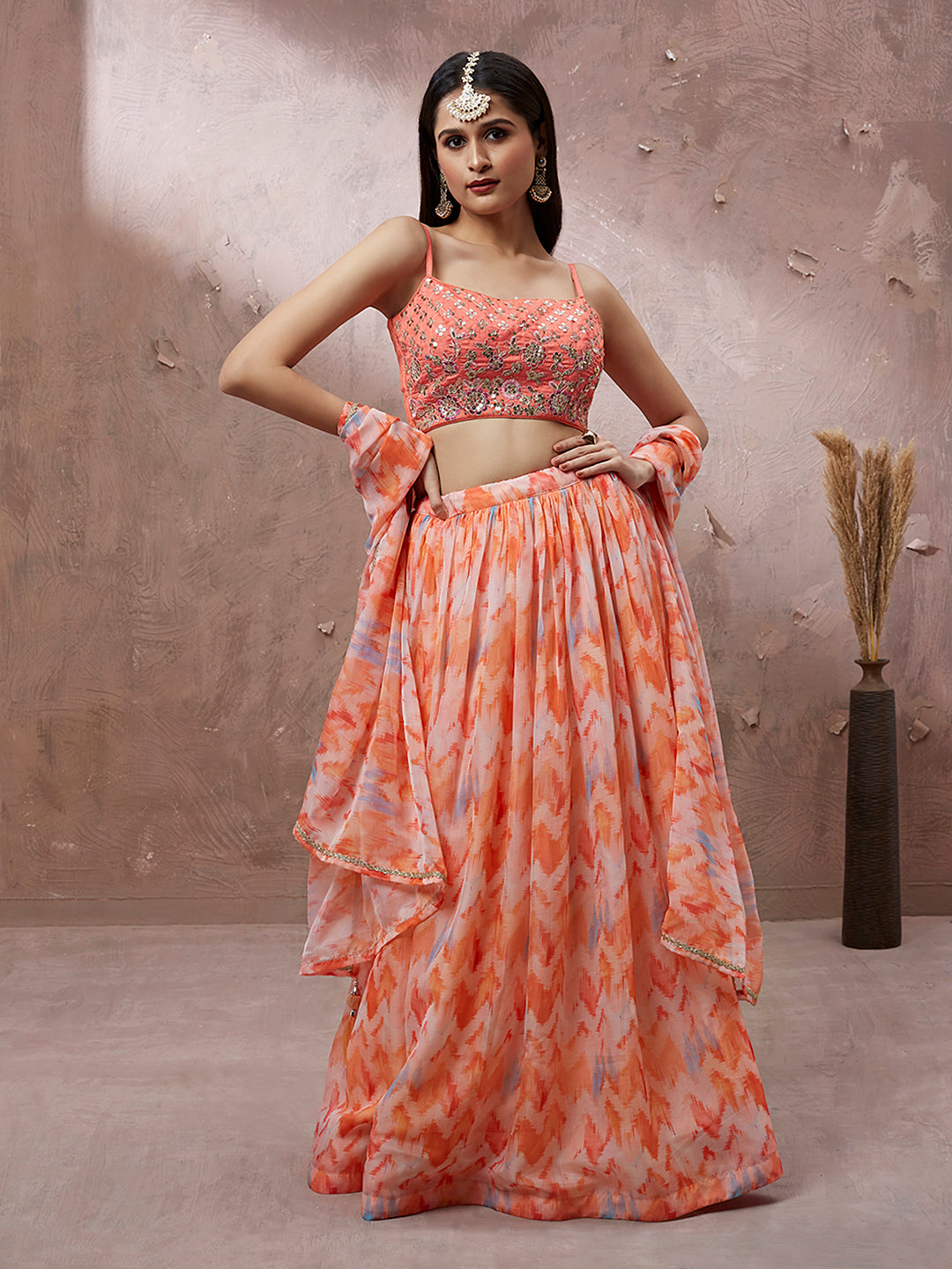 Peach Organza Floral Printed Semi-Stitched Lehenga choli & Dupatta