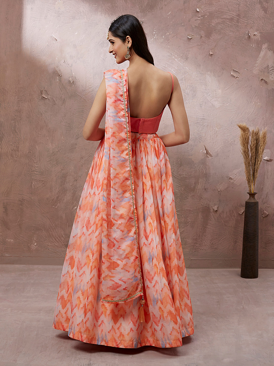 Peach Organza Floral Printed Semi-Stitched Lehenga choli & Dupatta