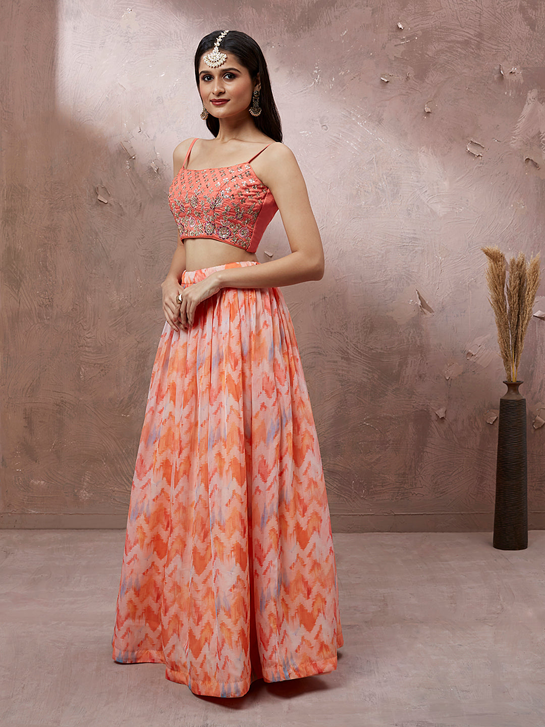 Peach Organza Floral Printed Semi-Stitched Lehenga choli & Dupatta
