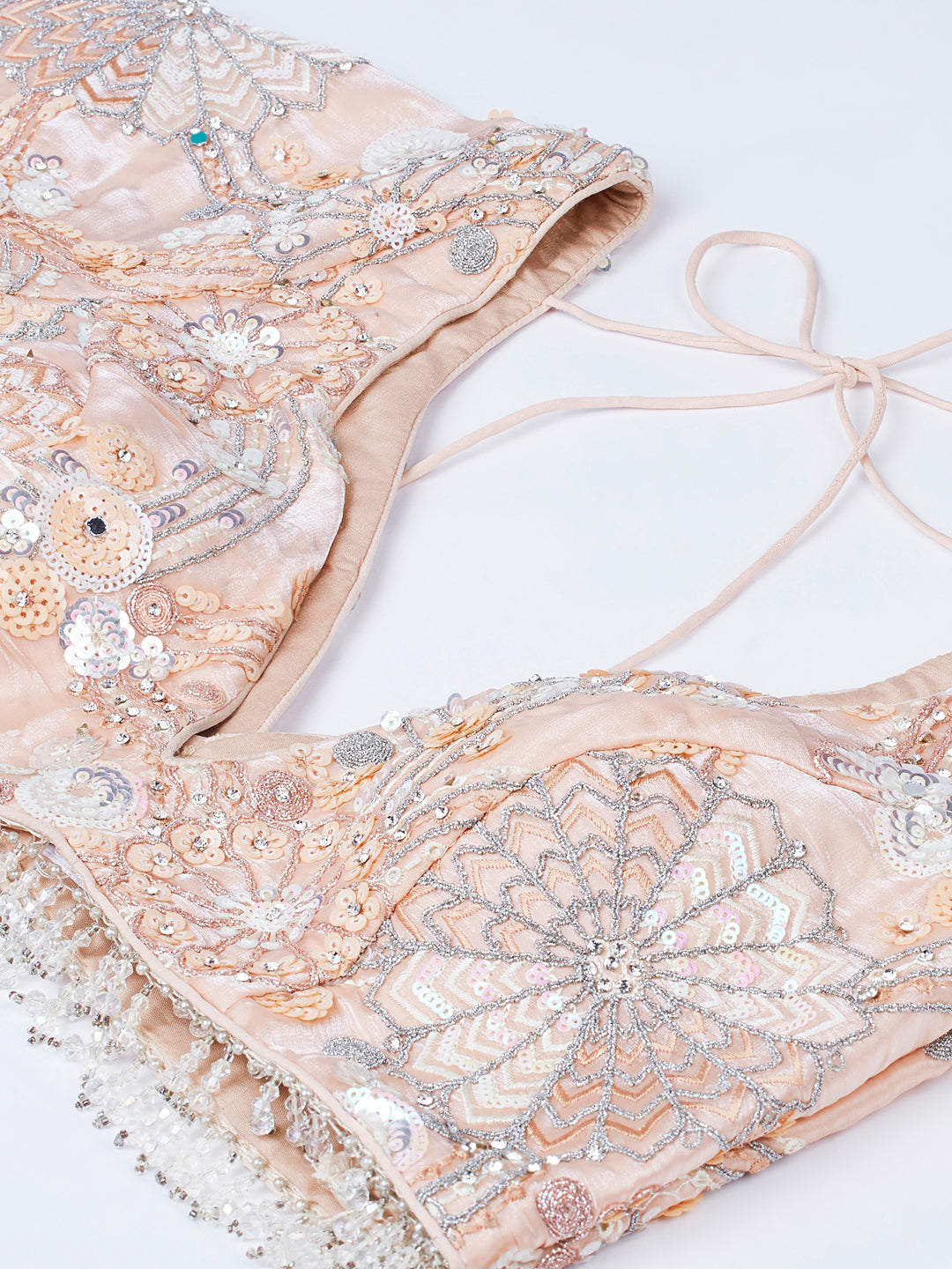 Peach Organza Lehenga Choli Set with Sequins, Zari & Thread Embroidery