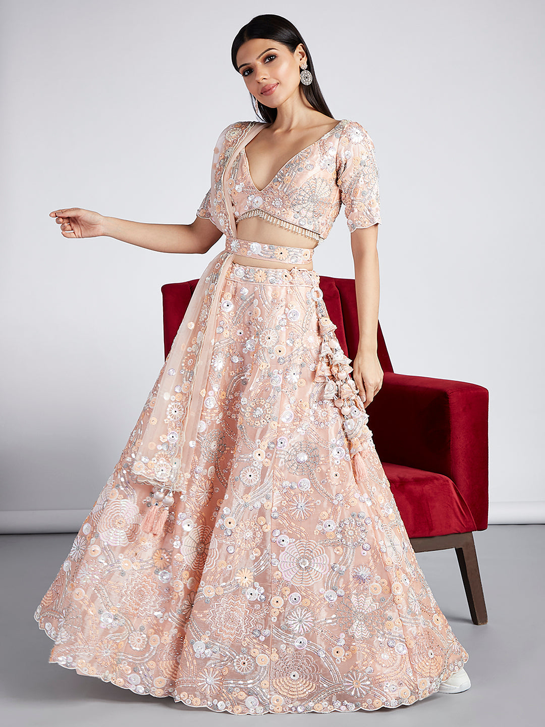 Peach Organza Lehenga Choli Set with Sequins, Zari & Thread Embroidery
