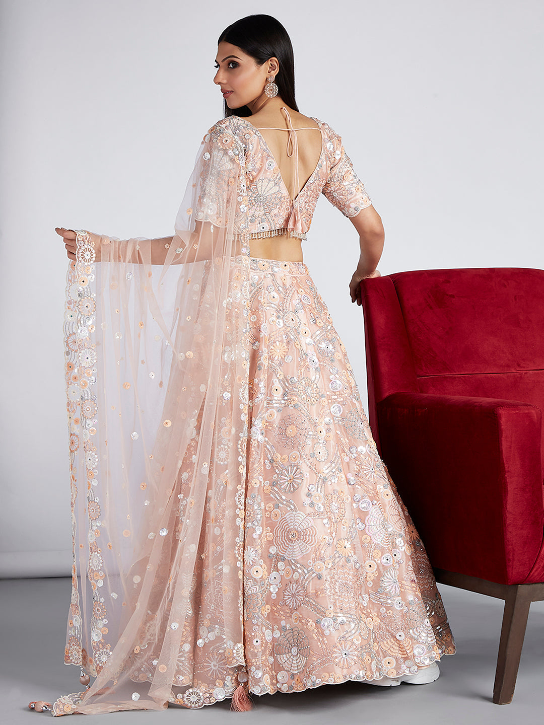 Peach Organza Lehenga Choli Set with Sequins, Zari & Thread Embroidery