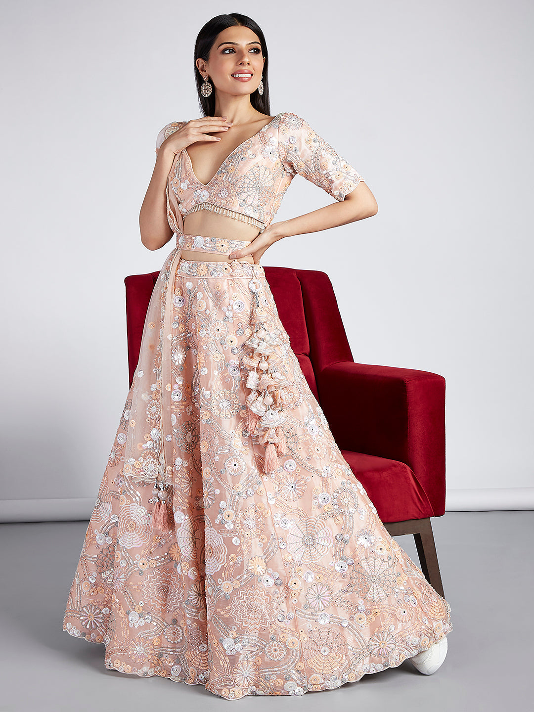 Peach Organza Lehenga Choli Set with Sequins, Zari & Thread Embroidery