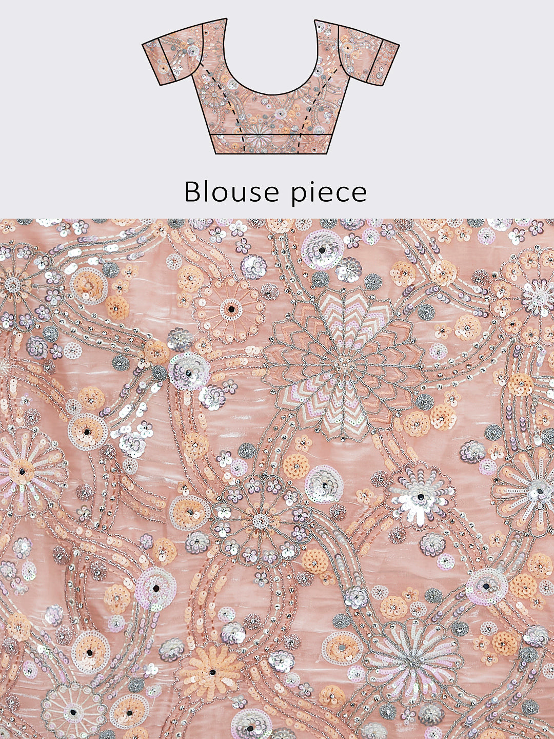 Peach Organza Lehenga Choli Set with Sequins, Zari & Thread Embroidery