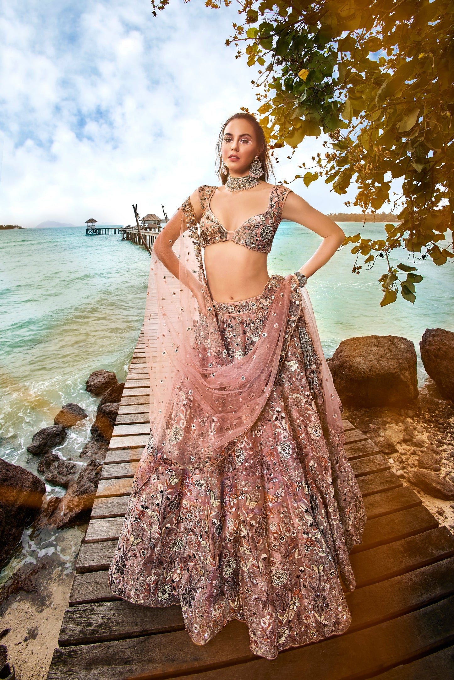 Peach Organza Sequins, Moti and thread embroidery Semi-Stitched Lehenga choli & Dupatta