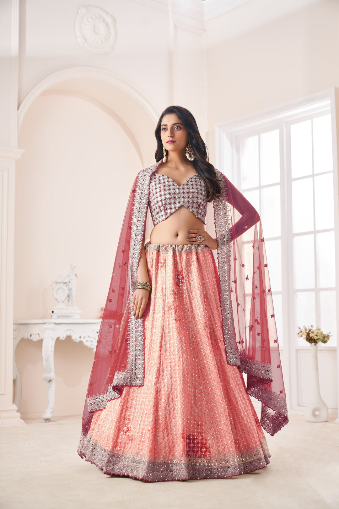 Shimmering Peach Party Wear Lehenga Choli Set - Embroidered Elegance