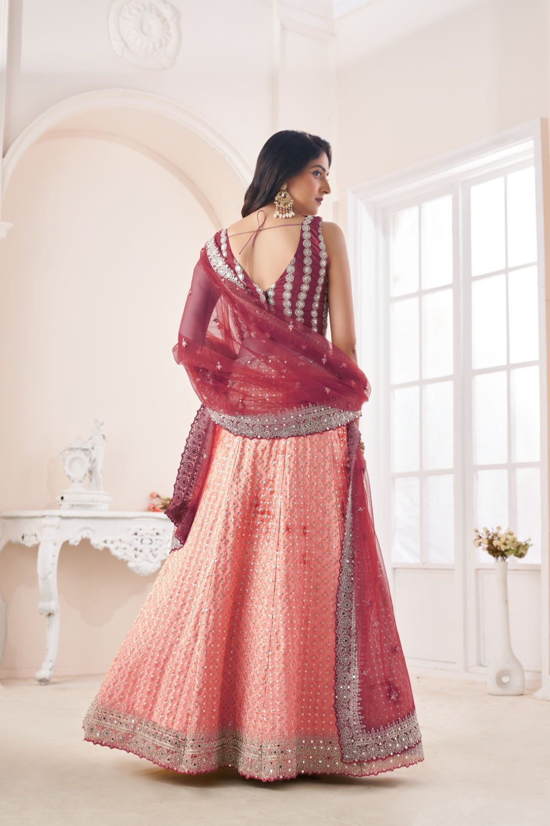 Shimmering Peach Party Wear Lehenga Choli Set - Embroidered Elegance