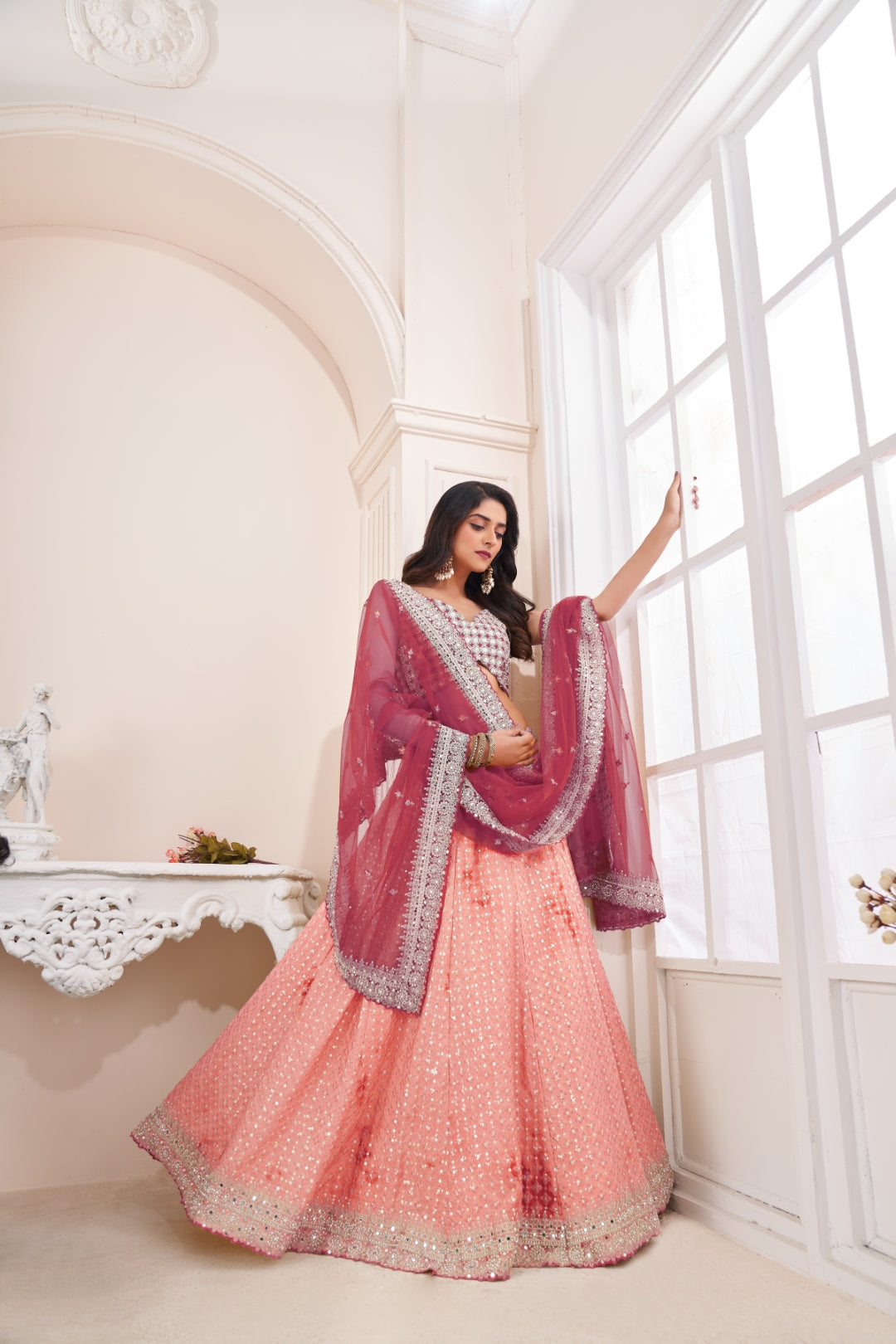 Shimmering Peach Party Wear Lehenga Choli Set - Embroidered Elegance