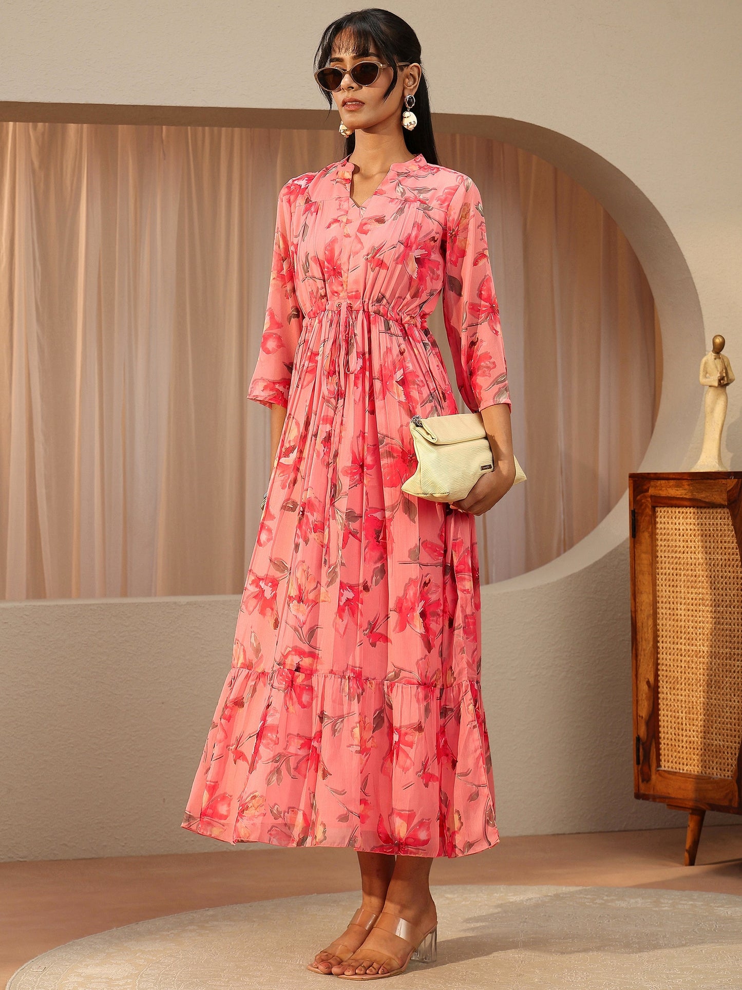 Libas Peach Pink Floral Printed Chiffon A-Line Drop Waist Dress