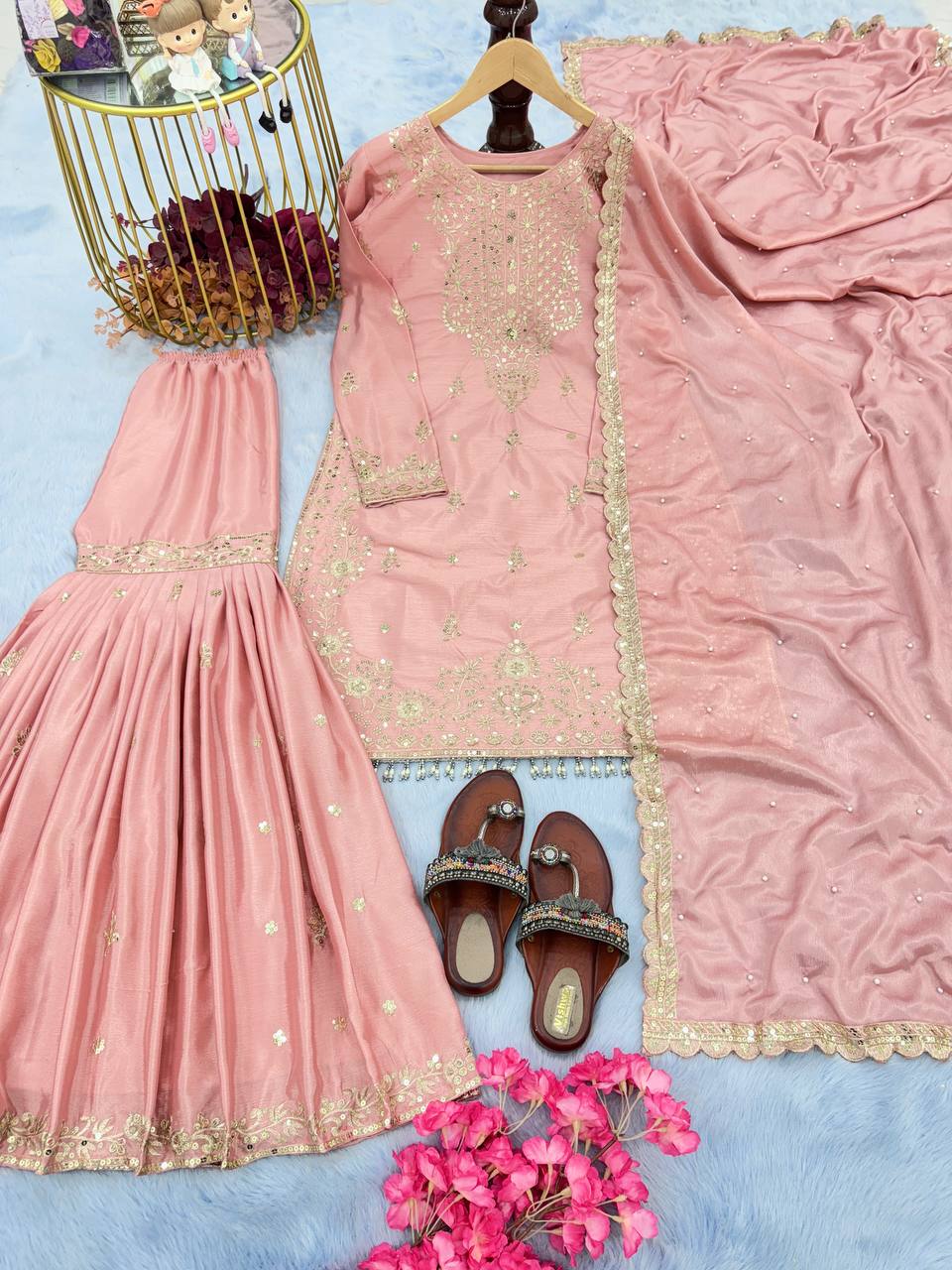 Peach Premium Designer Party Wear Chinon Silk Top, Plazzo & Dupatta Set