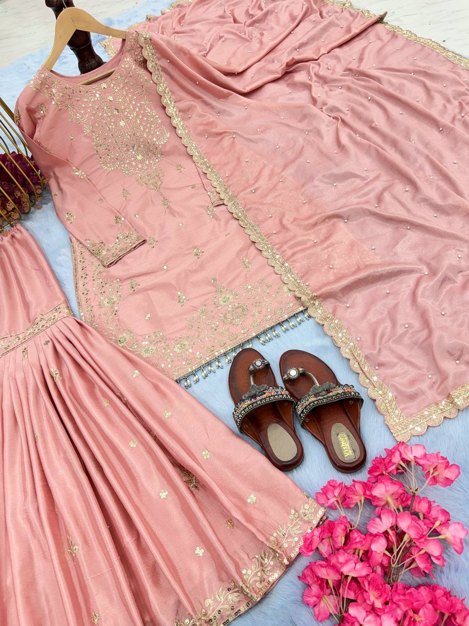 Peach Premium Designer Party Wear Chinon Silk Top, Plazzo & Dupatta Set