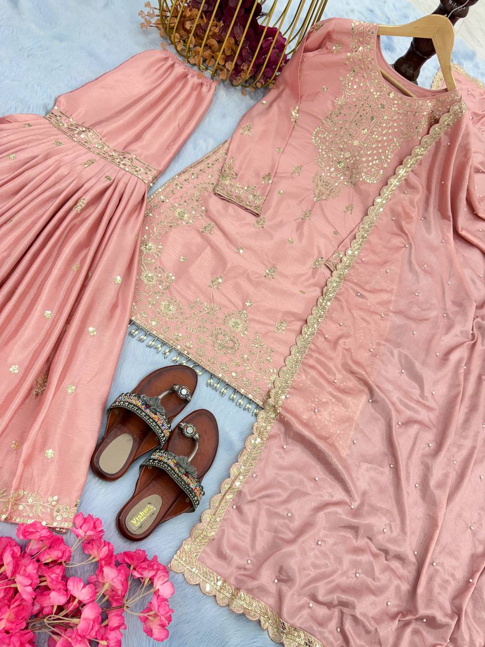 Peach Premium Designer Party Wear Chinon Silk Top, Plazzo & Dupatta Set