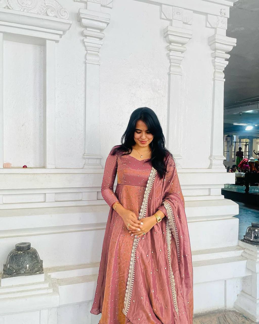 Peach Premium Designer Party Wear Pur Twil Gold Net Anarkali Gown, Dupatta Set – Elegant Festive Look