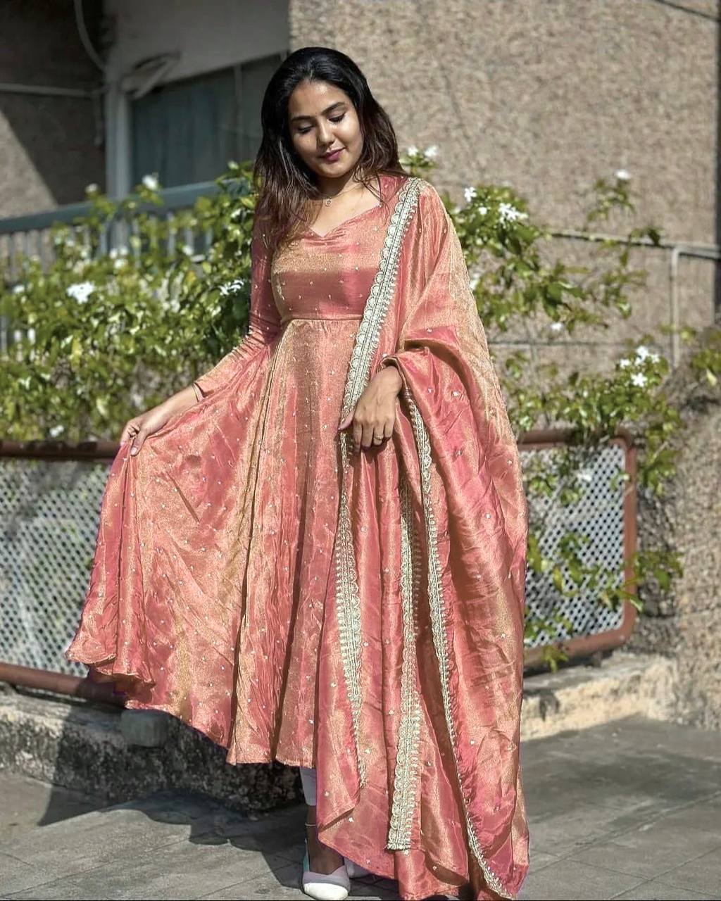 Peach Premium Designer Party Wear Pur Twil Gold Net Anarkali Gown, Dupatta Set – Elegant Festive Look