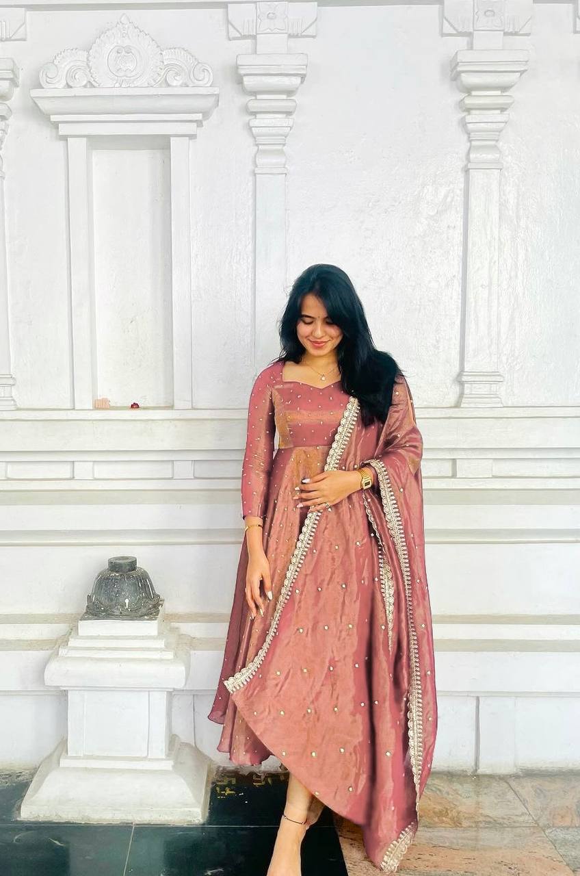 Peach Premium Designer Party Wear Pur Twil Gold Net Anarkali Gown, Dupatta Set – Elegant Festive Look