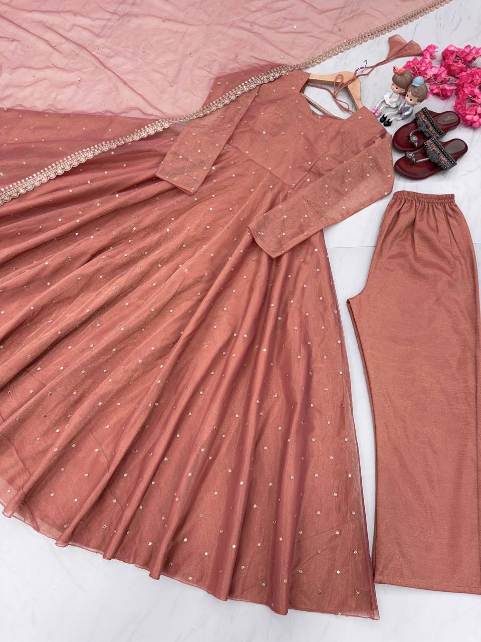 Peach Premium Designer Party Wear Pur Twil Gold Net Anarkali Gown, Dupatta Set – Elegant Festive Look