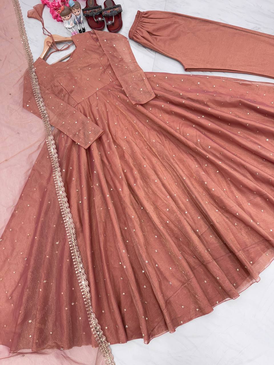 Peach Premium Designer Party Wear Pur Twil Gold Net Anarkali Gown, Dupatta Set – Elegant Festive Look