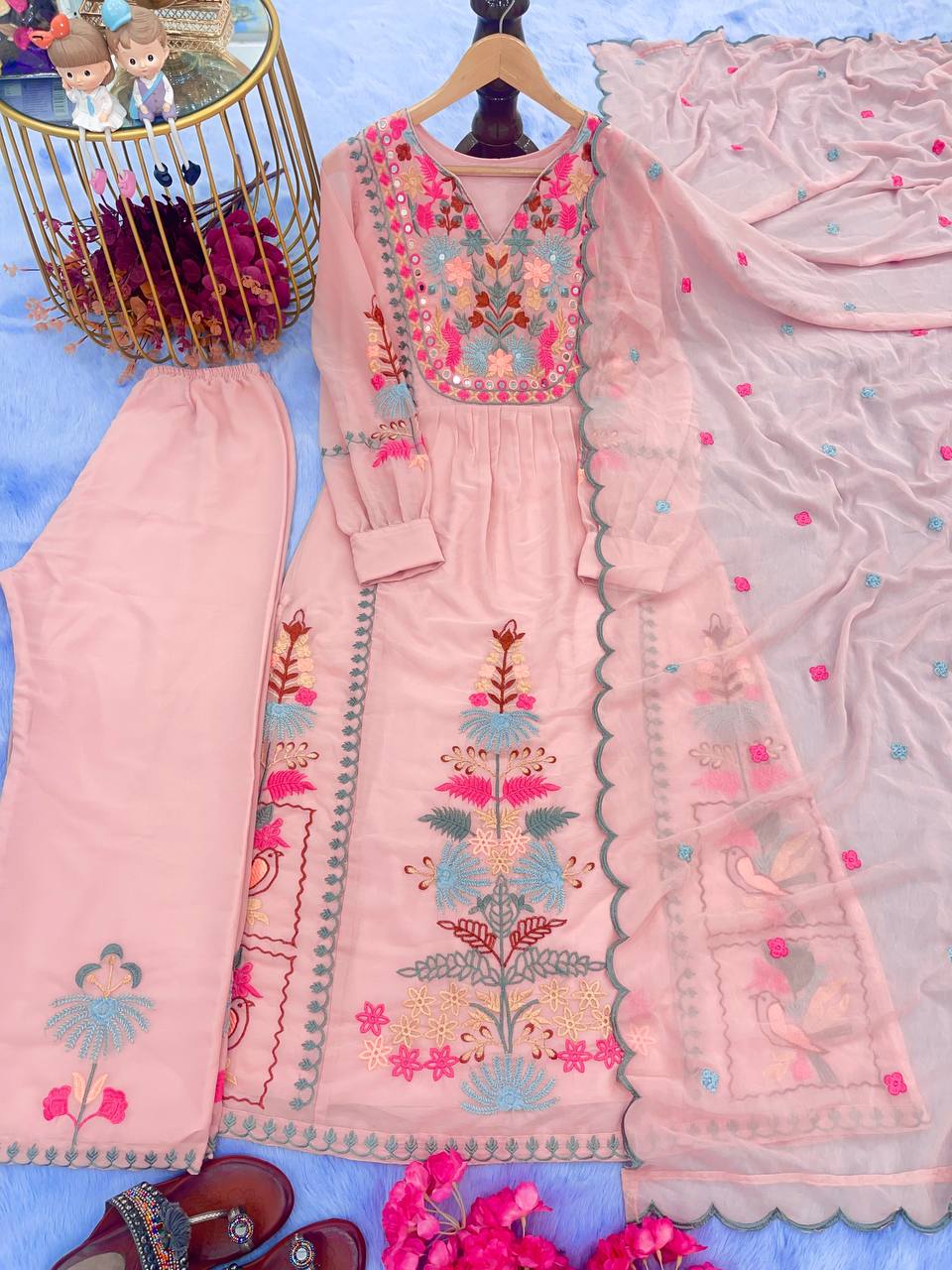Peach Premium Designer Readymade Top, Palazzo & Dupatta Set