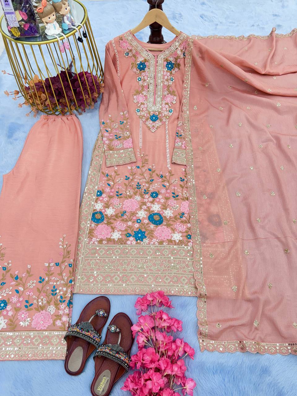 Peach Premium Designer Readymade Top Plazzo Set with Dupatta