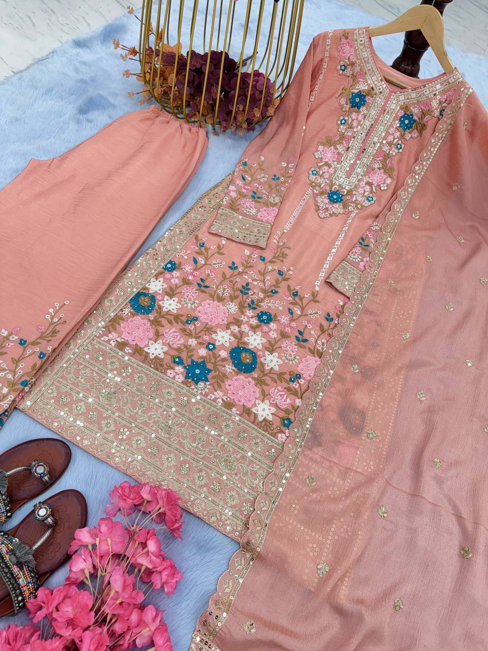 Peach Premium Designer Readymade Top Plazzo Set with Dupatta