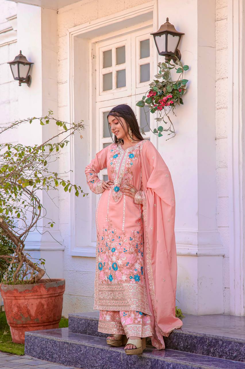 Peach Premium Designer Readymade Top Plazzo Set with Dupatta