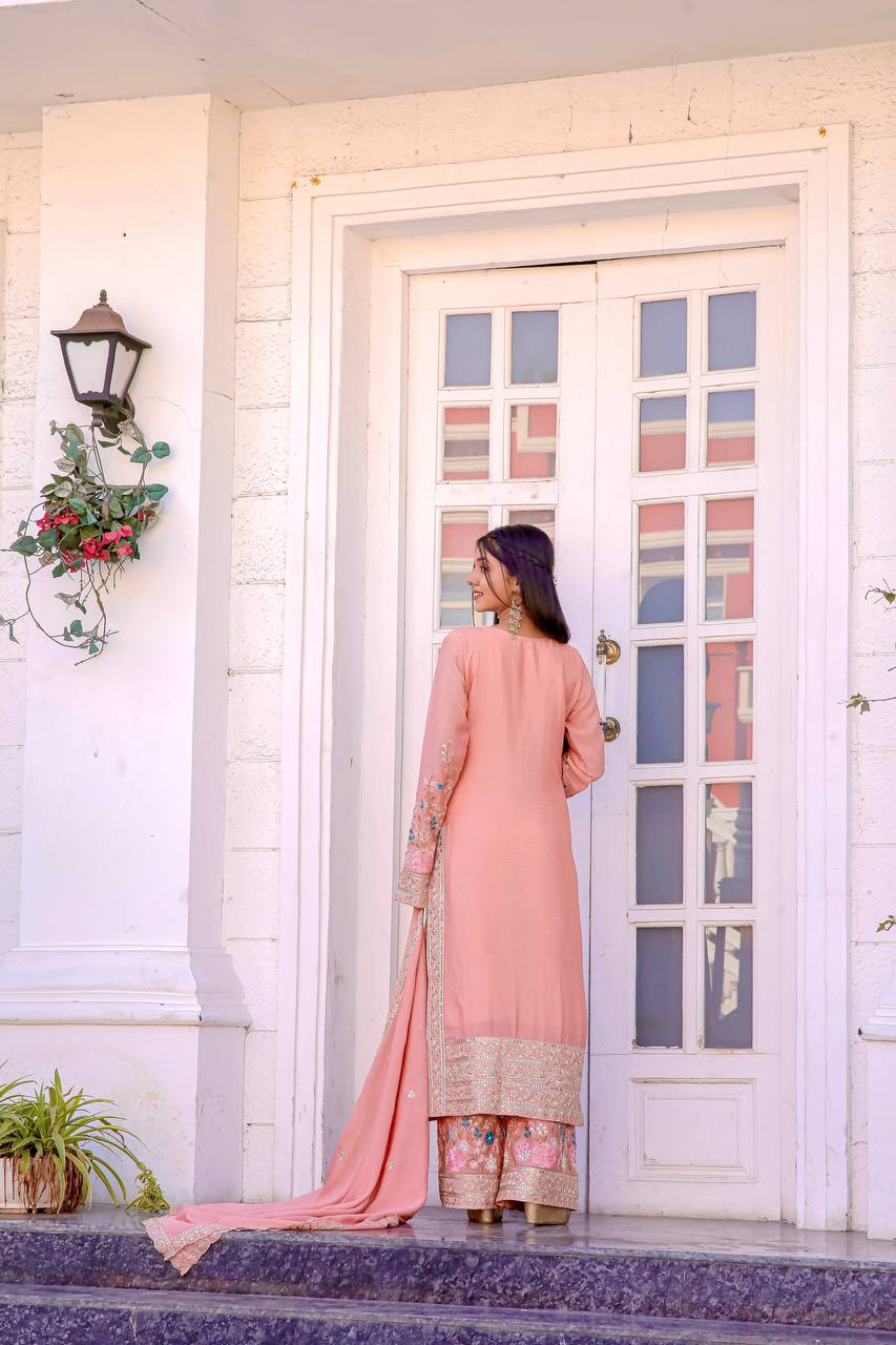 Peach Premium Designer Readymade Top Plazzo Set with Dupatta
