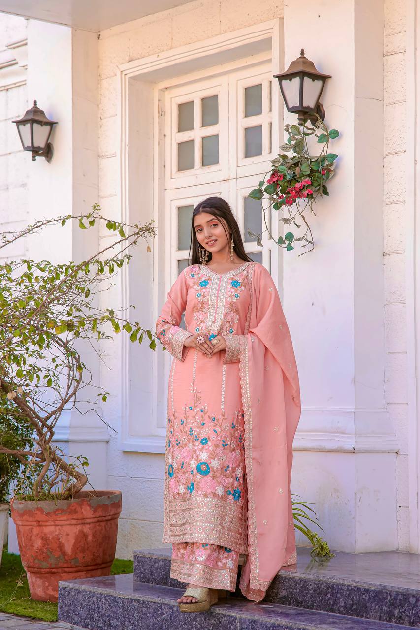 Peach Premium Designer Readymade Top Plazzo Set with Dupatta