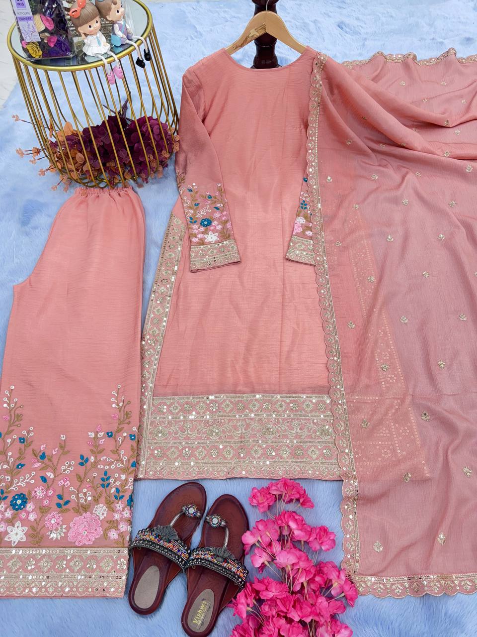 Peach Premium Designer Readymade Top Plazzo Set with Dupatta