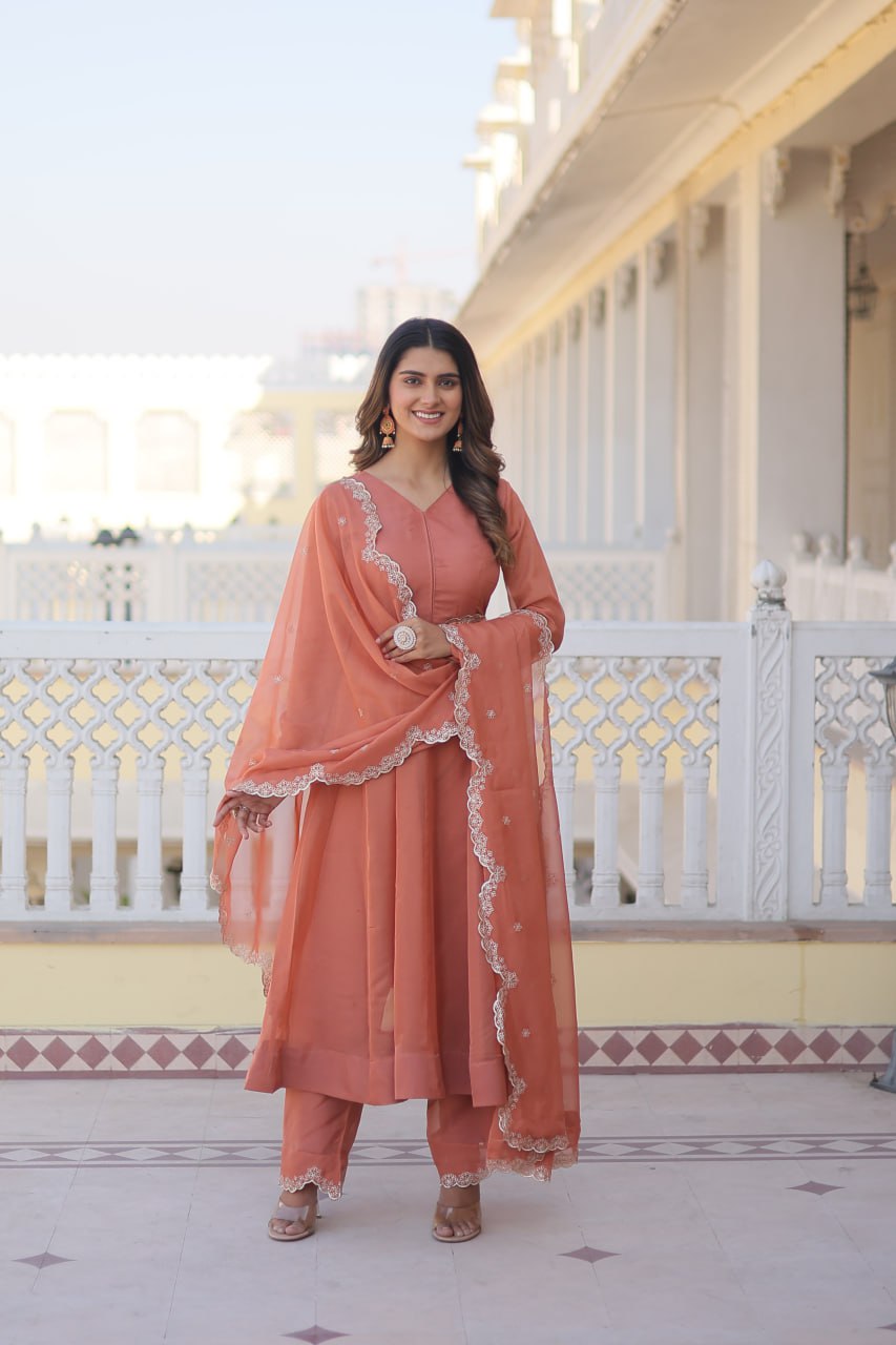 Peach Premium Readymade Russian Silk Kurti Pant Dupatta Set - Graceful & Elegant