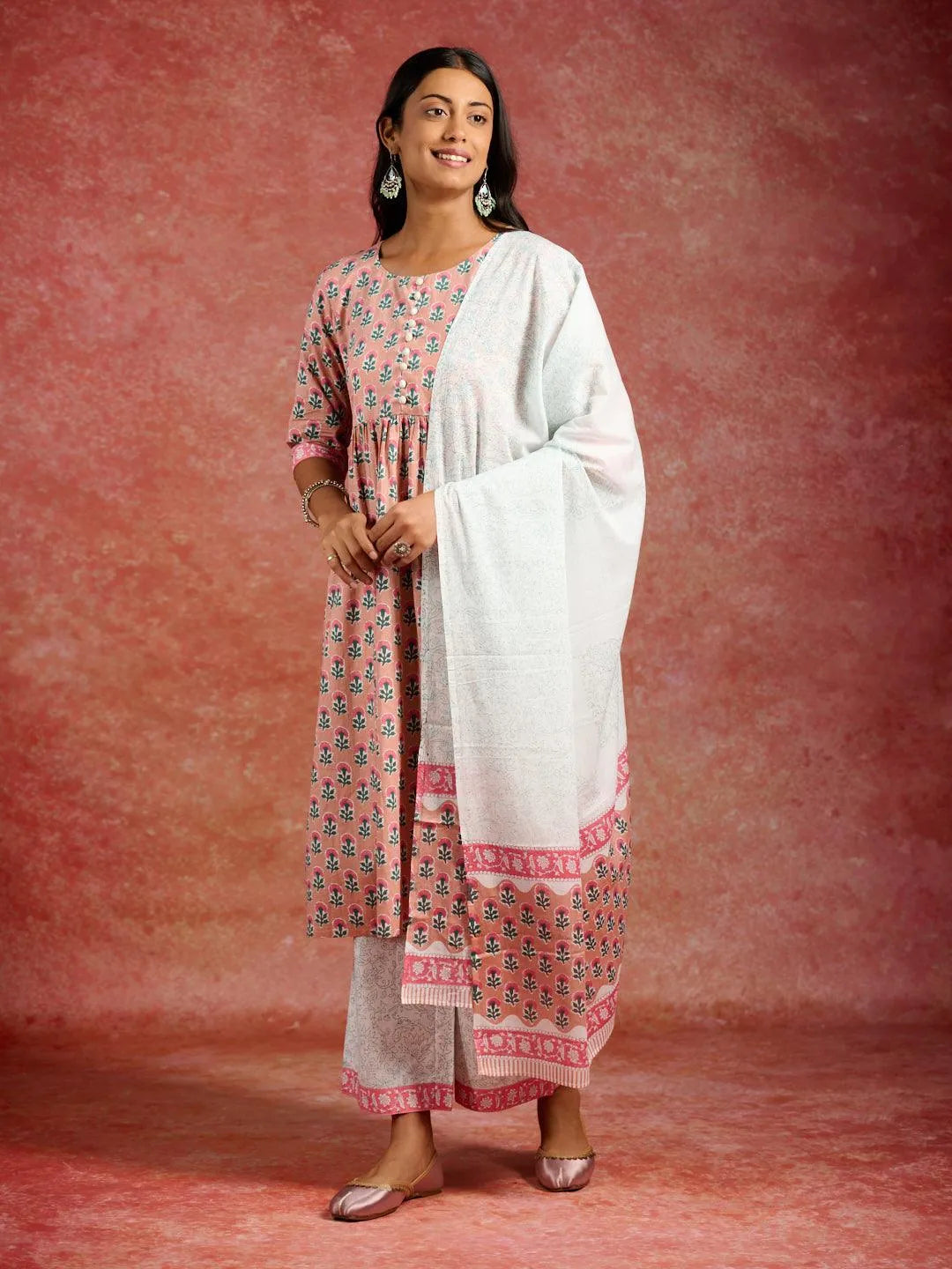Mameraa Peach Printed Cotton A-Line Kurta With Palazzos & Dupatta