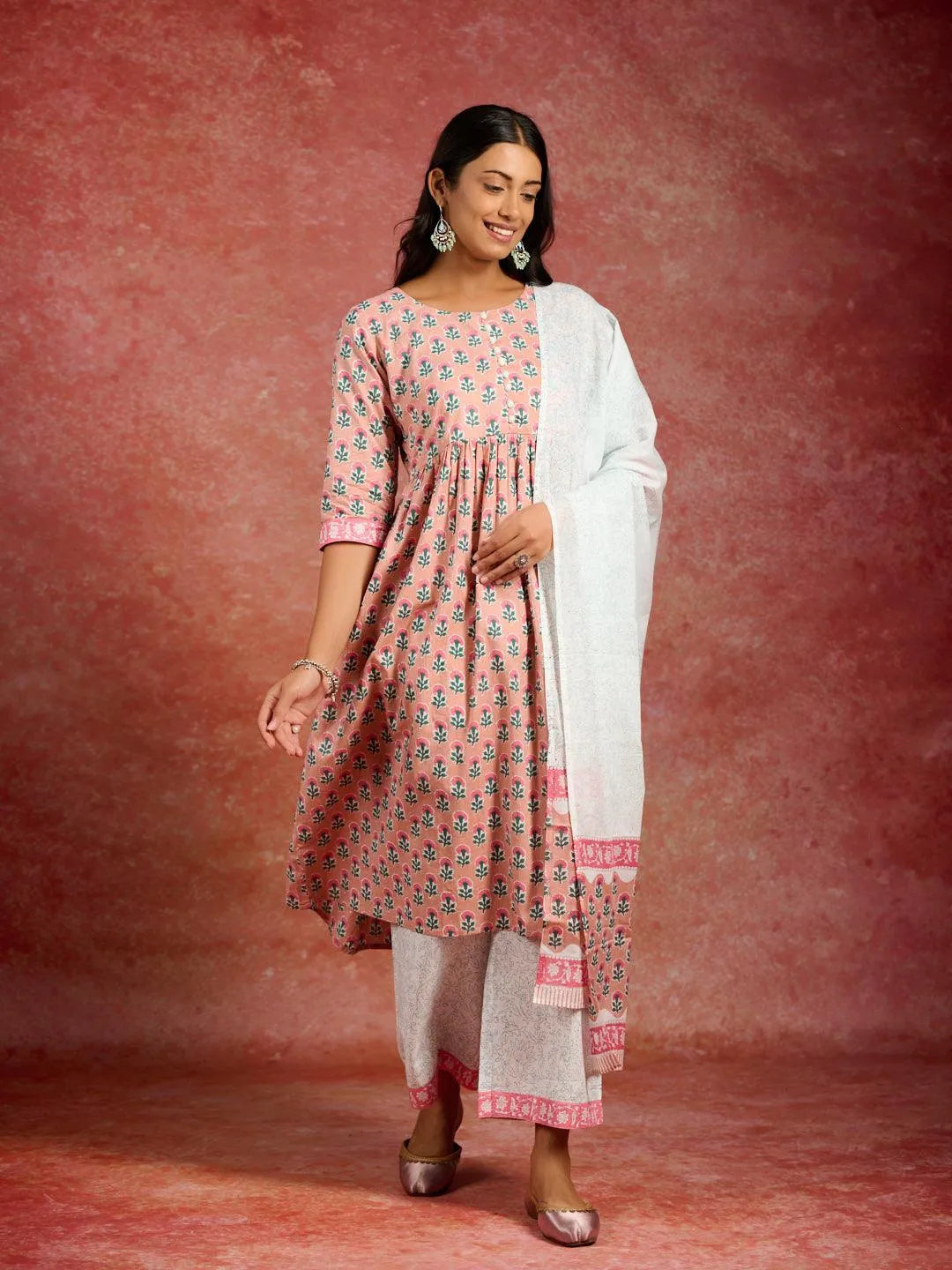 Mameraa Peach Printed Cotton A-Line Kurta With Palazzos & Dupatta