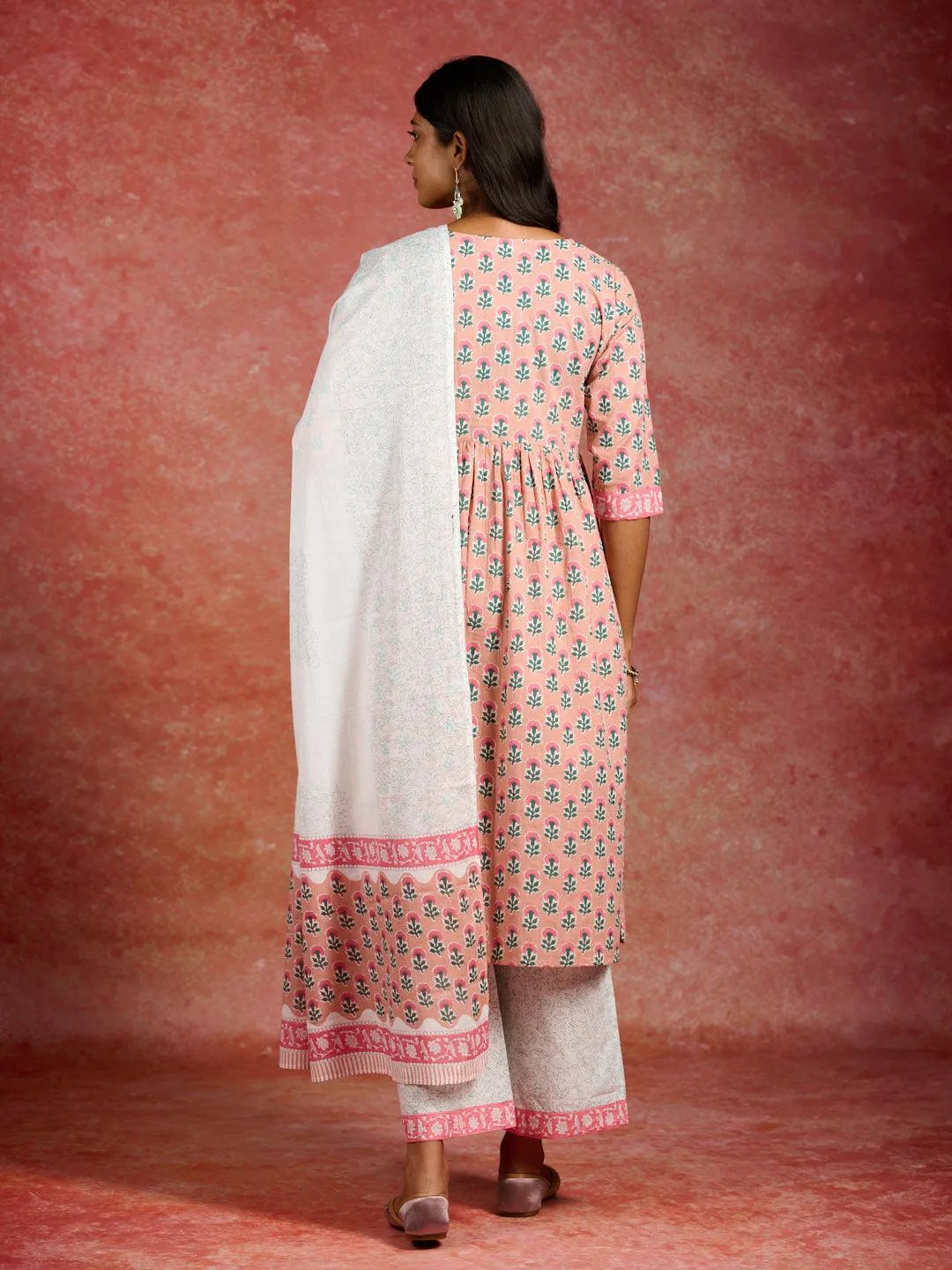 Mameraa Peach Printed Cotton A-Line Kurta With Palazzos & Dupatta