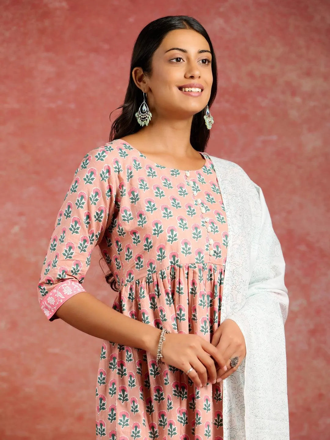 Mameraa Peach Printed Cotton A-Line Kurta With Palazzos & Dupatta