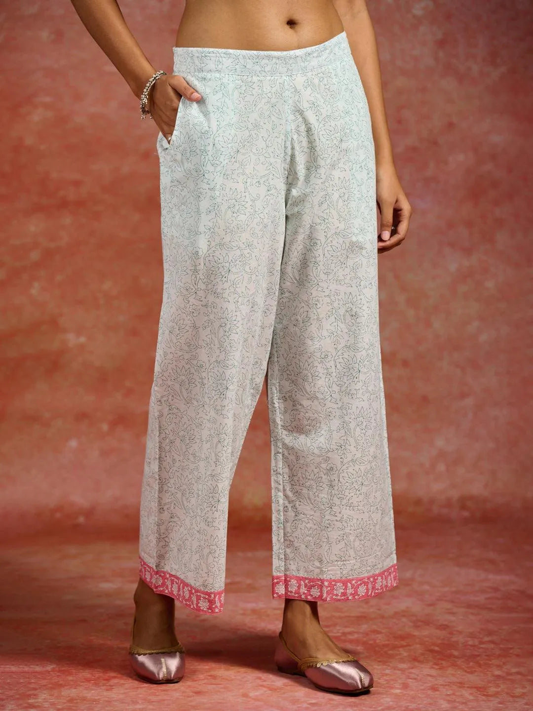 Mameraa Peach Printed Cotton A-Line Kurta With Palazzos & Dupatta